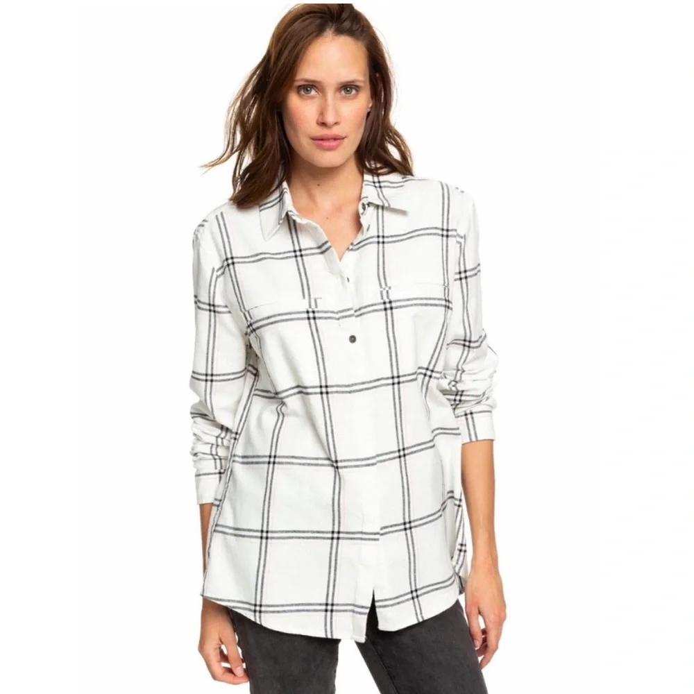 Roxy Young Again Long Sleeve Button Down Black & Pink Flannel | S - Picture 1 of 10